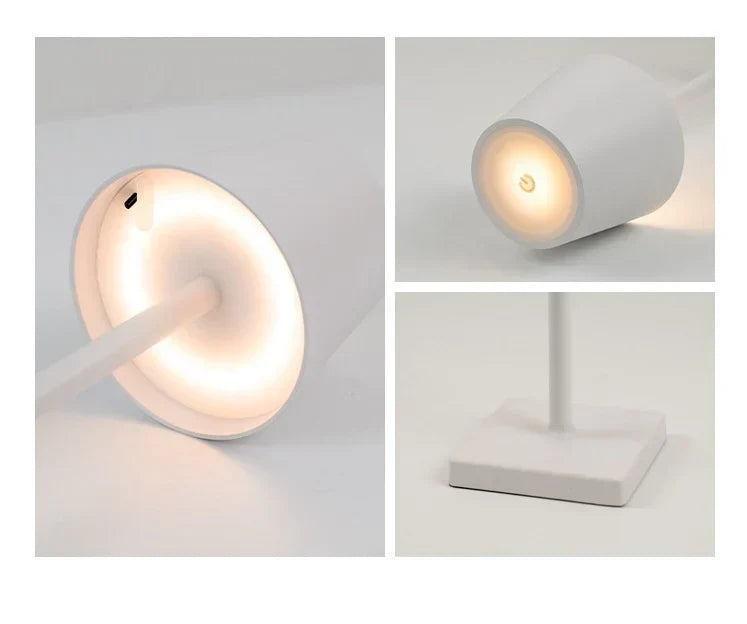 "Kabellose Tischlampe aus Aluminium mit minimalistischer Ästhetik, ideal für Büro oder Wohnzimmer, energiesparende LED."