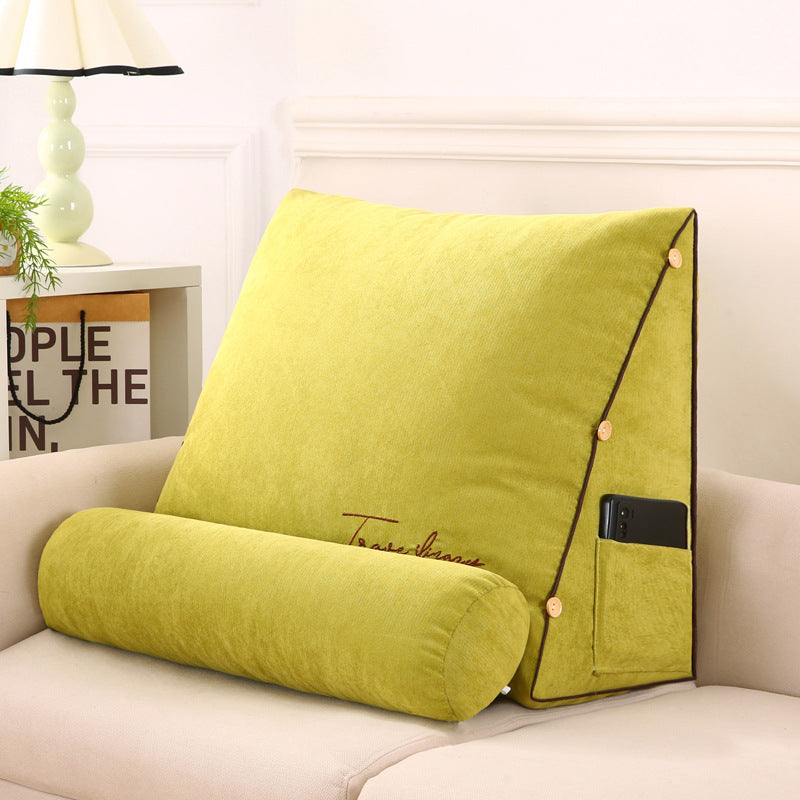 "Keilförmiges Rückenstützkissen, ergonomisch, komfortabel, beige, mit Seitentaschen, ideal für Sofa oder Bett."