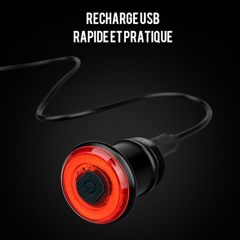 "Rotes, wasserdichtes USB-Fahrradrücklicht mit Aluminiumgehäuse und LED-COB, geeignet für Regenwetter und Sichtbarkeit."