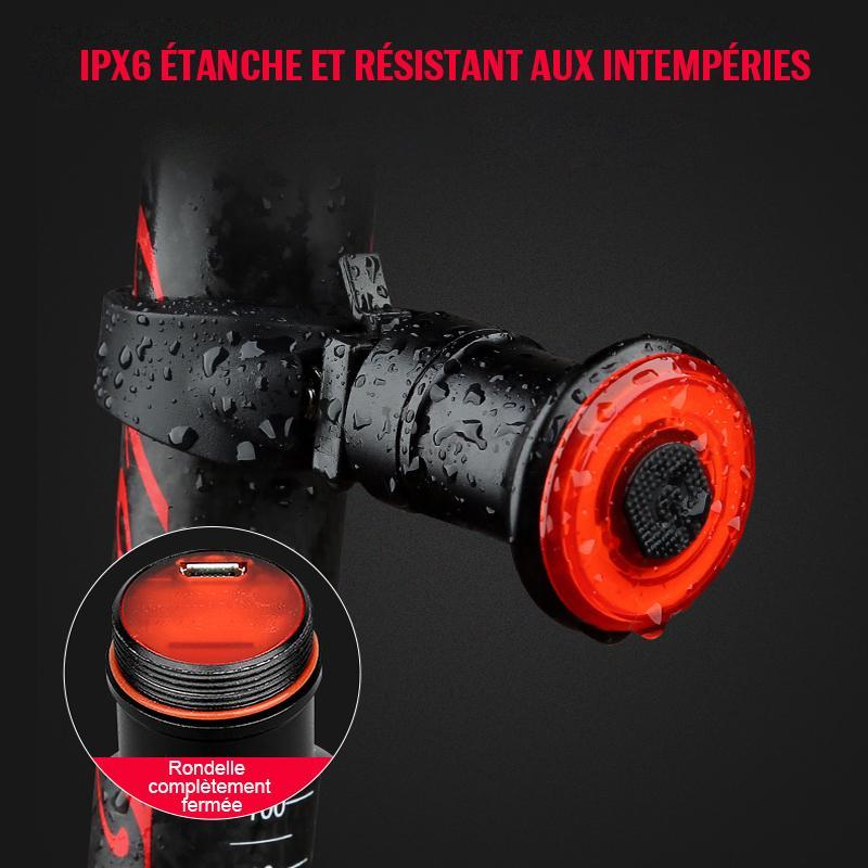 "Rotes, wasserdichtes USB-Fahrradrücklicht mit Aluminiumgehäuse und LED-COB, geeignet für Regenwetter und Sichtbarkeit."