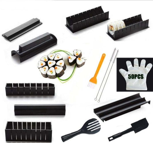 "11-teiliges Sushi Maker Set mit Formen in Herz-, Rechteck- und Blumenmotiven für kreative Reisballrollen."