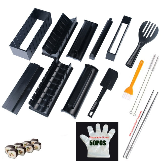 "11-teiliges Sushi Maker Set mit Formen in Herz-, Rechteck- und Blumenmotiven für kreative Reisballrollen."