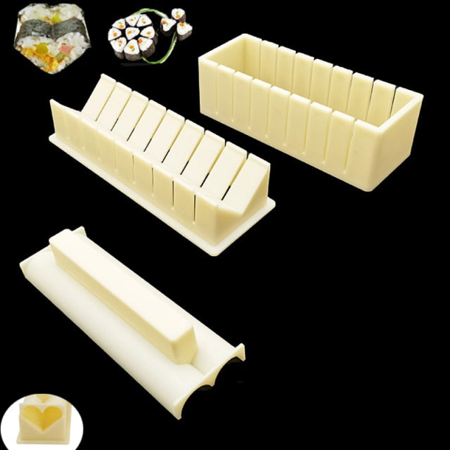 "11-teiliges Sushi Maker Set mit Formen in Herz-, Rechteck- und Blumenmotiven für kreative Reisballrollen."