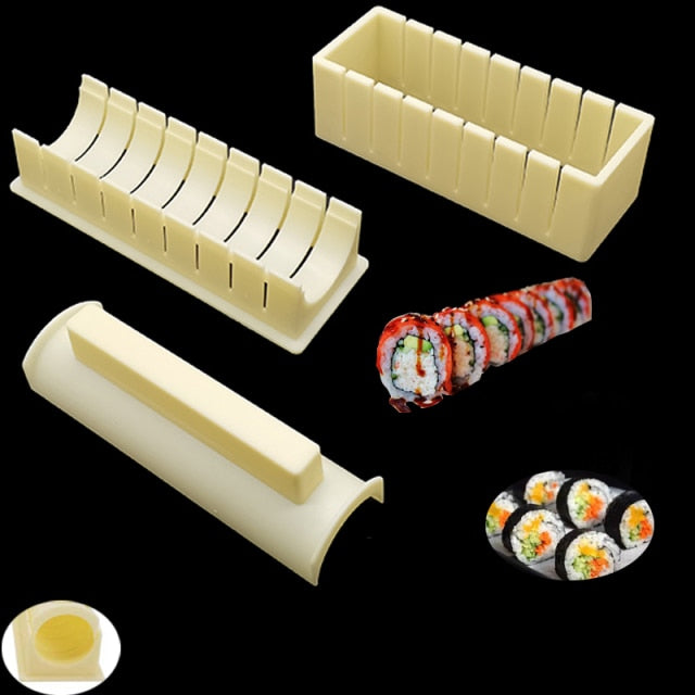"11-teiliges Sushi Maker Set mit Formen in Herz-, Rechteck- und Blumenmotiven für kreative Reisballrollen."