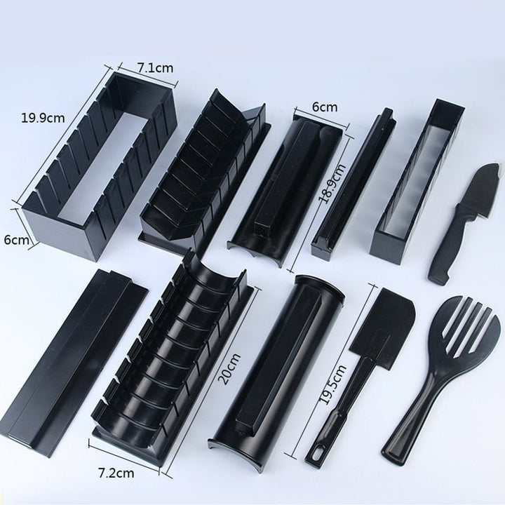 "11-teiliges Sushi Maker Set mit Formen in Herz-, Rechteck- und Blumenmotiven für kreative Reisballrollen."