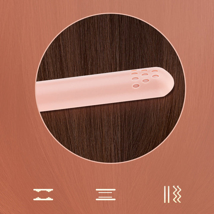 "2-in-1 Haarstyler mit schützender Keramikbeschichtung, ideal für glattes und lockiges Haarstyling, gezeigt im Einsatz."