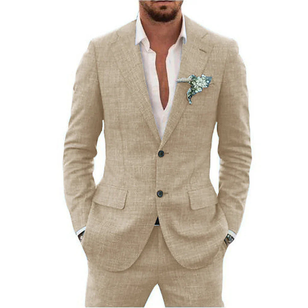 2-teiliger Herren Sommeranzug, elegant, leicht, atmungsaktiv, beige, perfekt für Hochzeiten und festliche Anlässe.