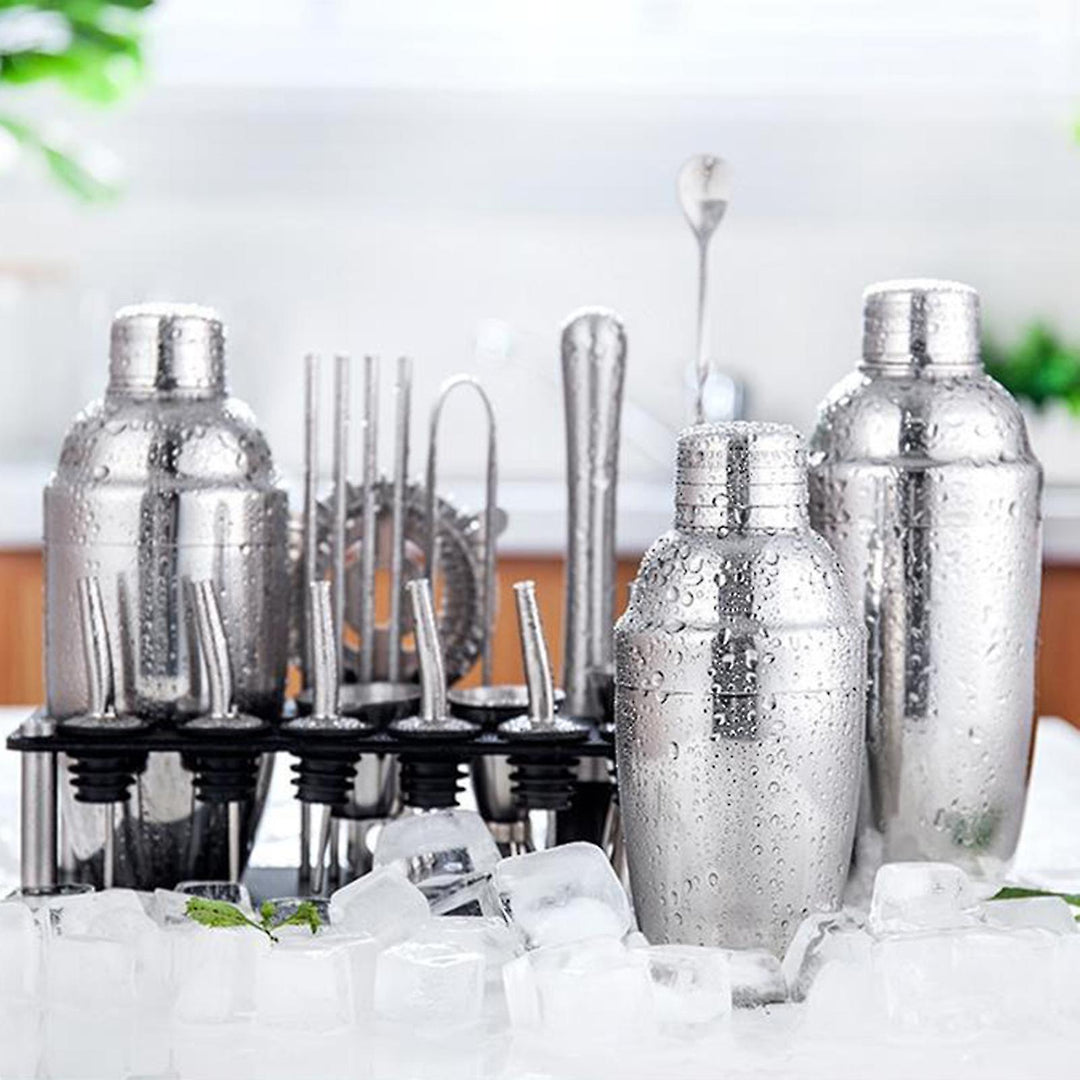 "23-teiliges Edelstahl Barkeeper Kit mit Martini Shaker, Jigger, Bambusständer; stilvolles Barzubehör für Cocktails"