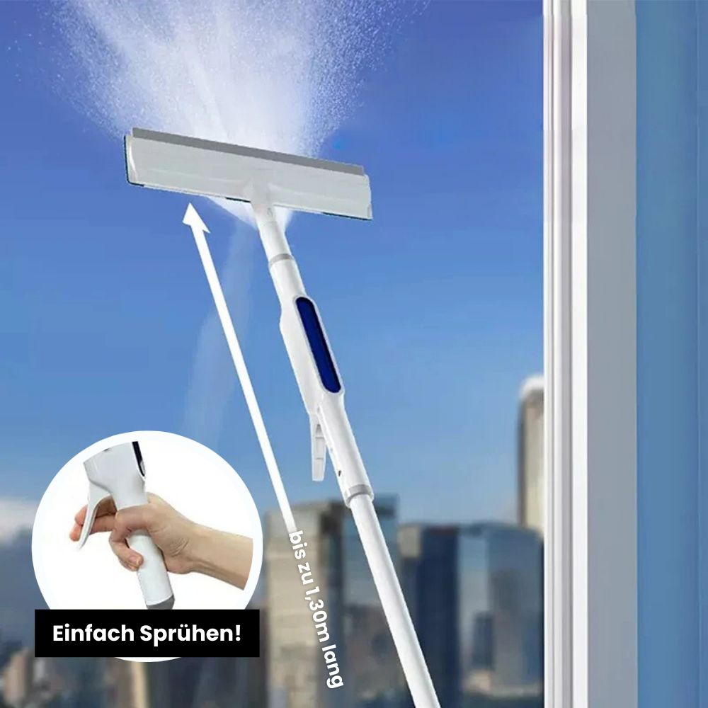 "3-in-1 Fensterwischer mit Teleskopstange, schwenkbarem Kopf und Sprühtank für streifenfreie Reinigung"