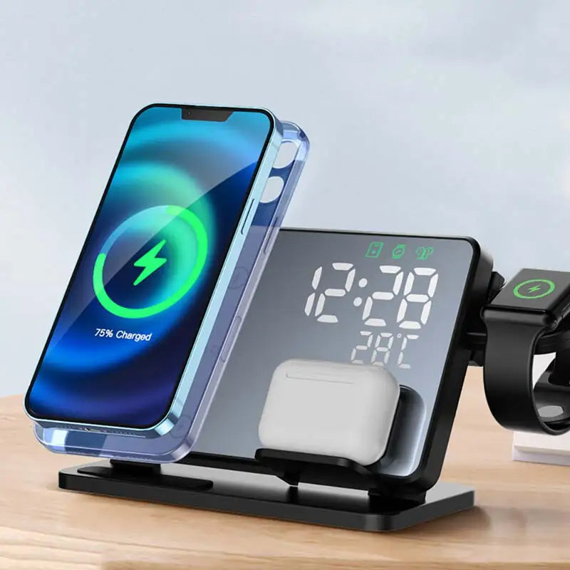 "3-in-1 kabelloses Schnellladegerät mit Wecker, lädt iPhone, Apple Watch & AirPods stilvoll und effizient."