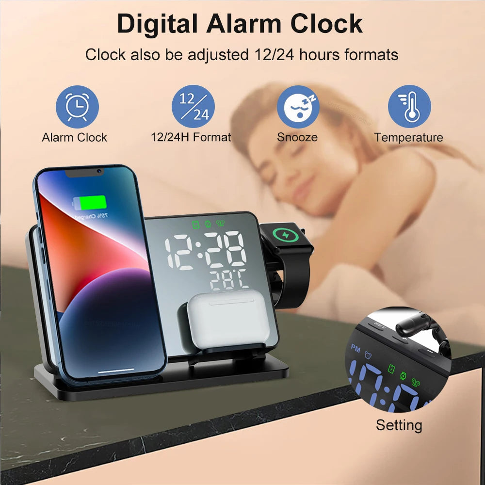 "3-in-1 kabelloses Schnellladegerät mit Wecker, lädt iPhone, Apple Watch & AirPods stilvoll und effizient."
