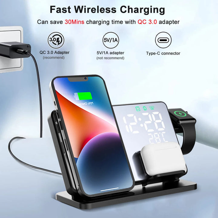 "3-in-1 kabelloses Schnellladegerät mit Wecker, lädt iPhone, Apple Watch & AirPods stilvoll und effizient."
