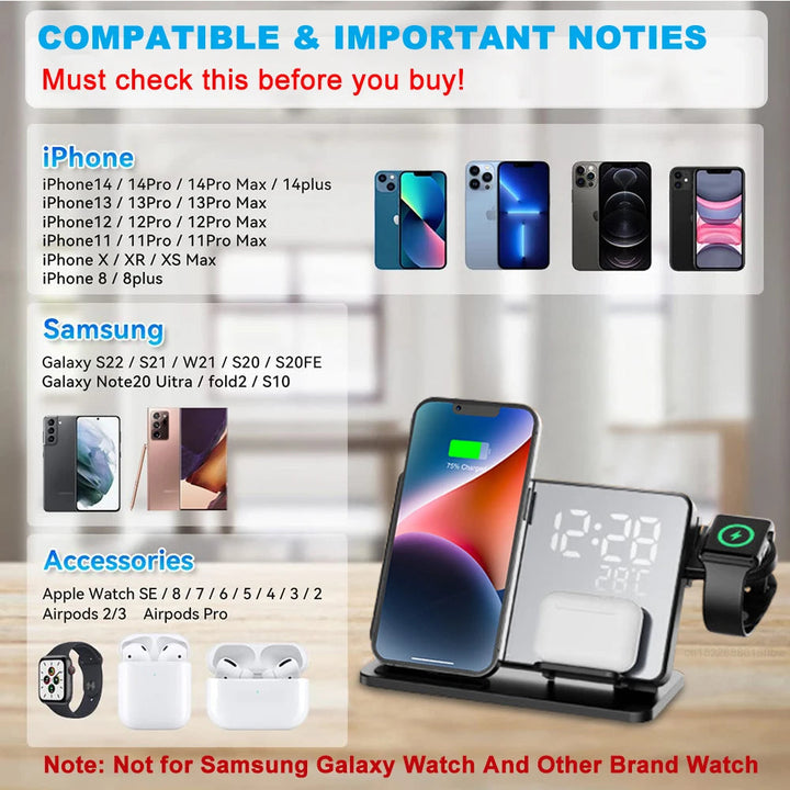 "3-in-1 kabelloses Schnellladegerät mit Wecker, lädt iPhone, Apple Watch & AirPods stilvoll und effizient."