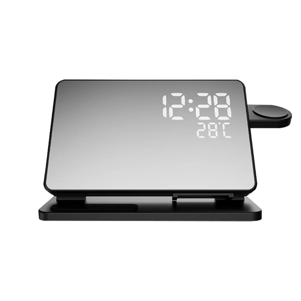"3-in-1 kabelloses Schnellladegerät mit Wecker, lädt iPhone, Apple Watch & AirPods stilvoll und effizient."