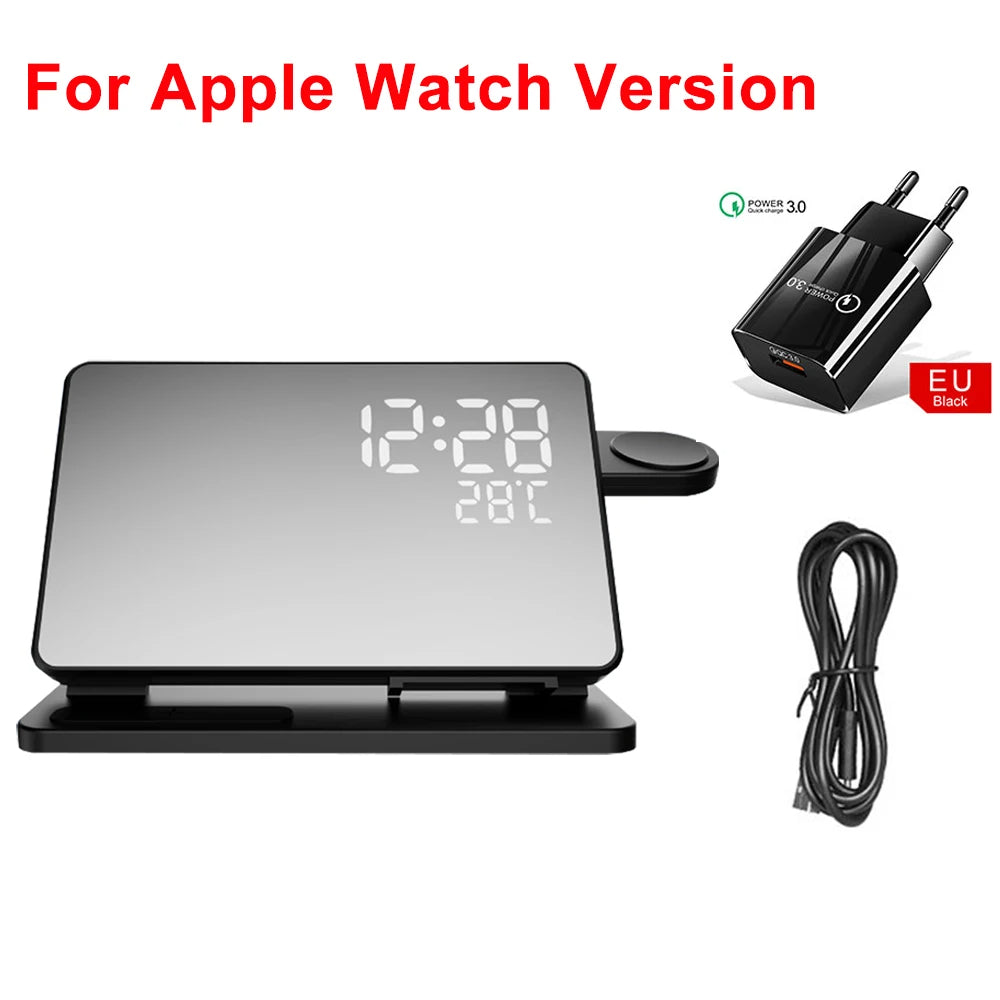 "3-in-1 kabelloses Schnellladegerät mit Wecker, lädt iPhone, Apple Watch & AirPods stilvoll und effizient."