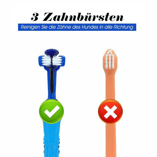 "3-Kopf-Hundezahnbürste mit ergonomischem Design und dreiseitigen Borsten für umfassende Zahnreinigung bei Hunden"