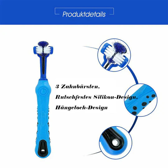 "3-Kopf-Hundezahnbürste mit ergonomischem Design und dreiseitigen Borsten für umfassende Zahnreinigung bei Hunden"