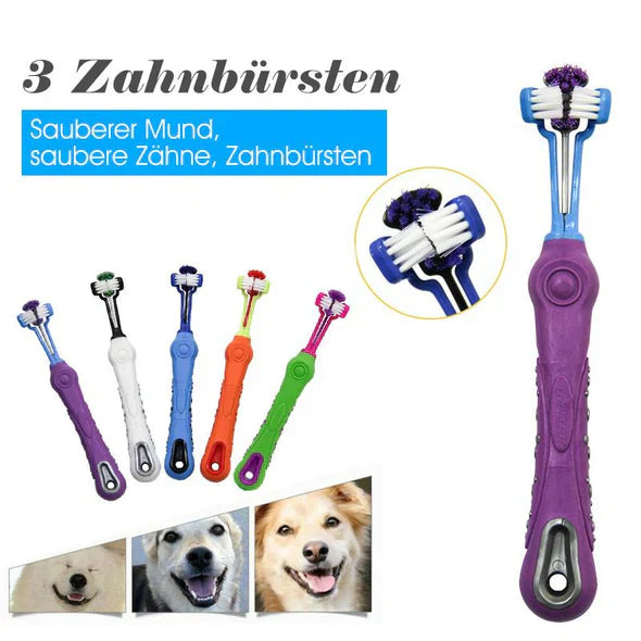 "3-Kopf-Hundezahnbürste mit ergonomischem Design und dreiseitigen Borsten für umfassende Zahnreinigung bei Hunden"