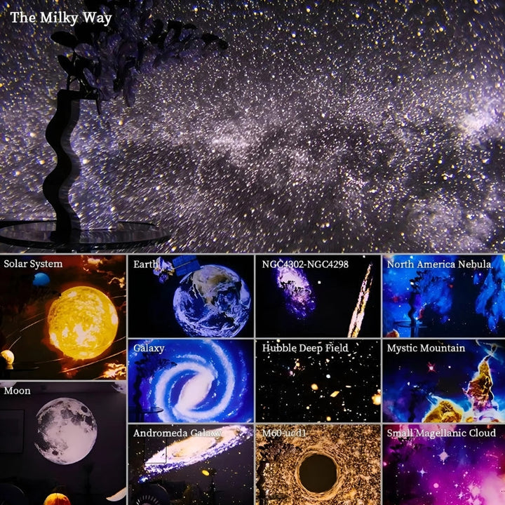 360° Sternenprojektor, schwarzes Gehäuse, strahlt bunte Sternenbilder in einem Raum, schafft faszinierendes Heimplanetarium.
