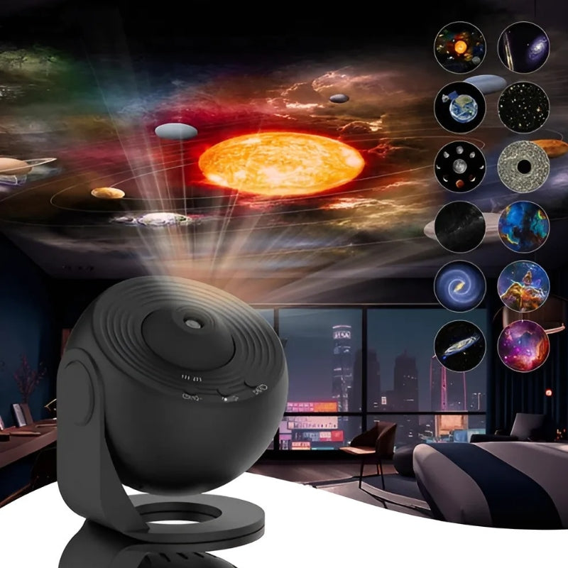 360° Sternenprojektor, schwarzes Gehäuse, strahlt bunte Sternenbilder in einem Raum, schafft faszinierendes Heimplanetarium.