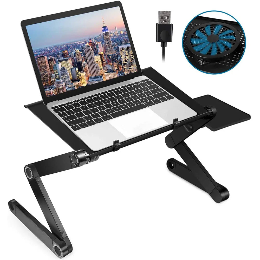 "360° verstellbarer Laptophalter mit ergonomischem Design, stabilem Aufbau und eingebautem Lüfter für optimalen Komfort."