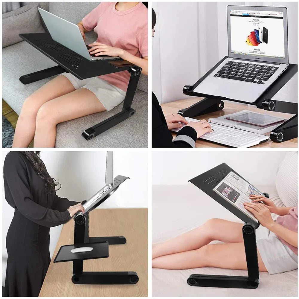 "360° verstellbarer Laptophalter mit ergonomischem Design, stabilem Aufbau und eingebautem Lüfter für optimalen Komfort."