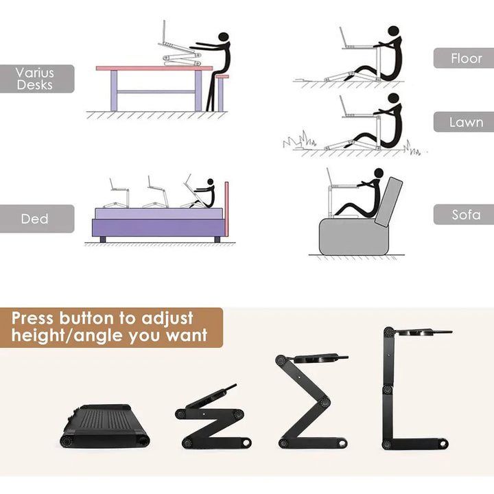 "360° verstellbarer Laptophalter mit ergonomischem Design, stabilem Aufbau und eingebautem Lüfter für optimalen Komfort."