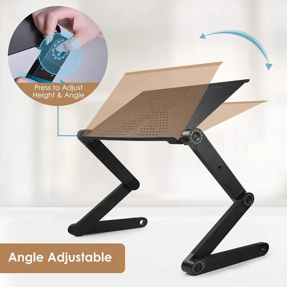 "360° verstellbarer Laptophalter mit ergonomischem Design, stabilem Aufbau und eingebautem Lüfter für optimalen Komfort."