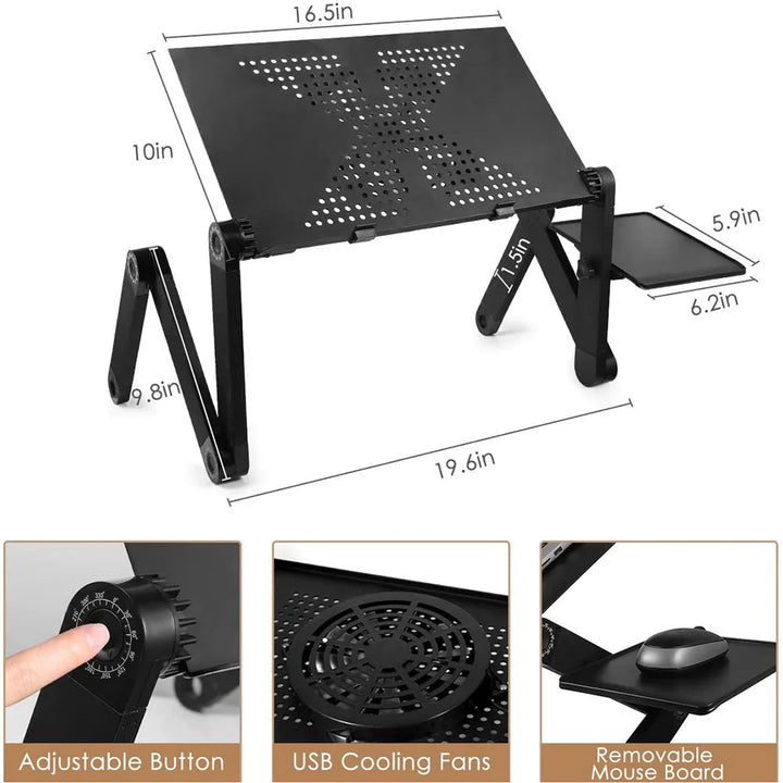 "360° verstellbarer Laptophalter mit ergonomischem Design, stabilem Aufbau und eingebautem Lüfter für optimalen Komfort."