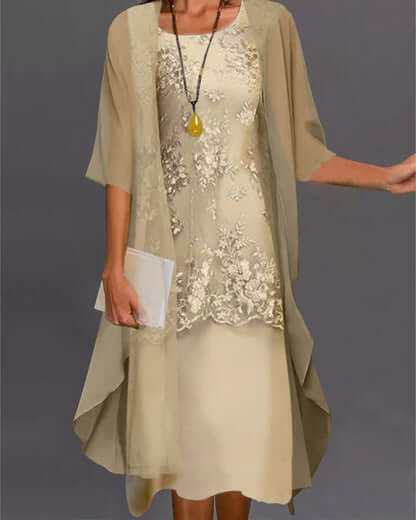 Damen Elegantes Spitzen-Chiffon-Kleid mit 3/4-Ärmeln