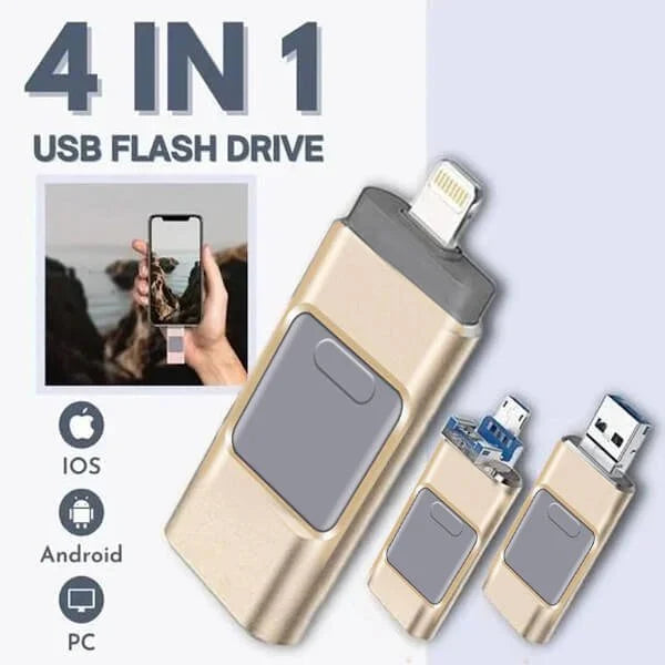 "4-in-1 Hochgeschwindigkeits-USB-Stick, silber, kompakt, vielseitig, kompatibel mit Lightning, USB-C, Micro-USB, USB 2.0"