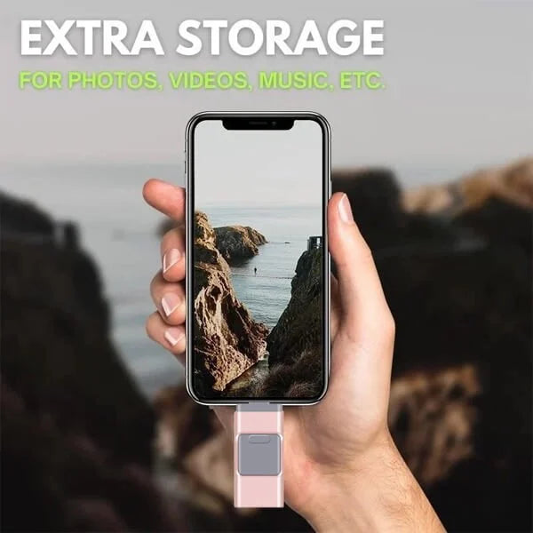 "4-in-1 Hochgeschwindigkeits-USB-Stick, silber, kompakt, vielseitig, kompatibel mit Lightning, USB-C, Micro-USB, USB 2.0"