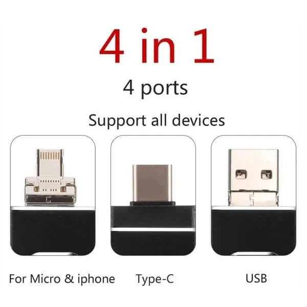"4-in-1 Hochgeschwindigkeits-USB-Stick, silber, kompakt, vielseitig, kompatibel mit Lightning, USB-C, Micro-USB, USB 2.0"