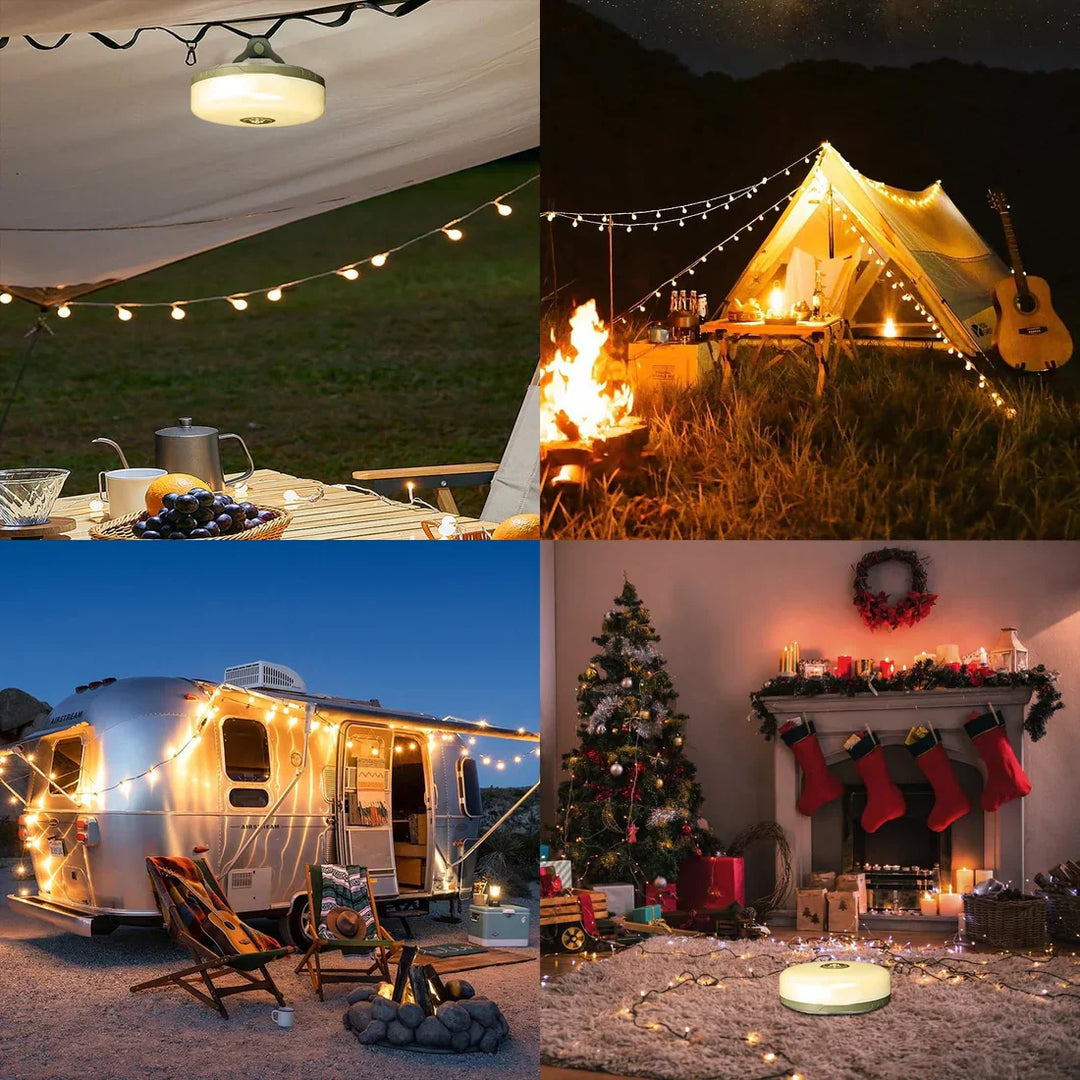"4-in-1 LED-Camp-Licht: Mehrfarbig, Powerbank, Taschenlampe, kompakt, IP65 wasserdicht, perfekt für Outdoor-Abenteuer."