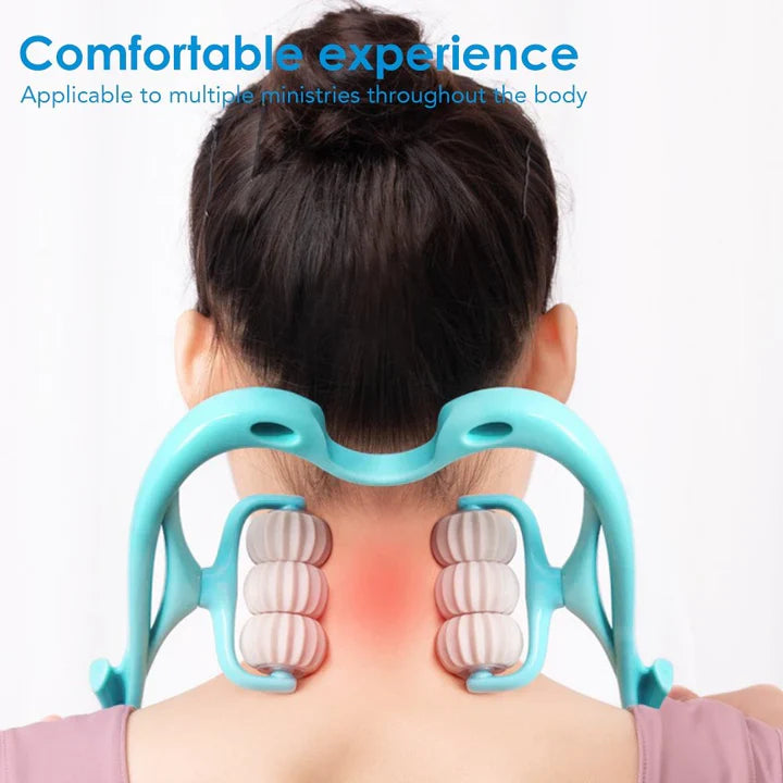 6-Rollen-Nackenmassagegerät: Flexibles Design, ergonomisch, doppelbogenförmig, mobile Rollen, Druckpunktmassage für Nacken.