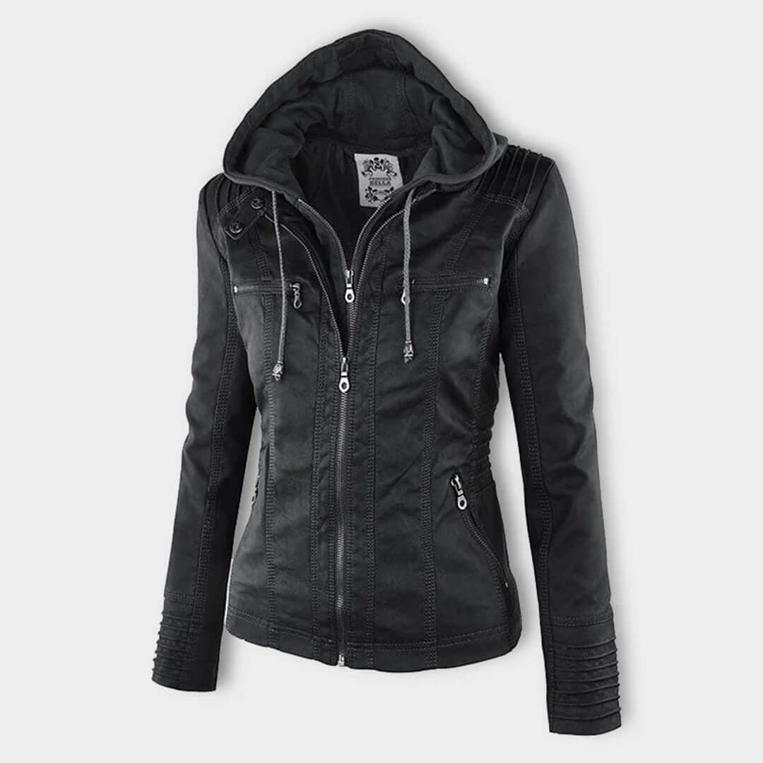 Stylische Damen-Lederjacke mit Kapuze