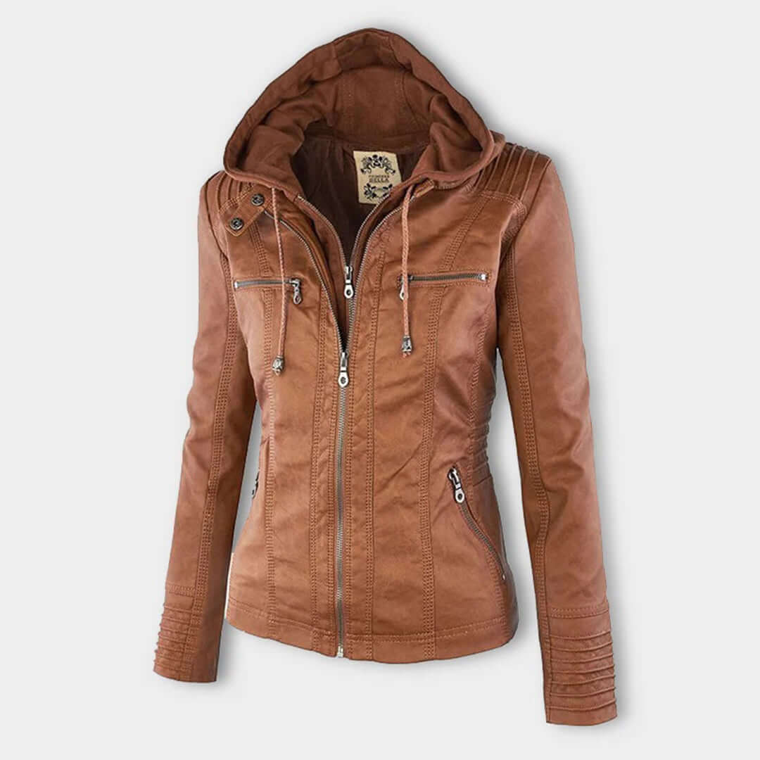 Stylische Damen-Lederjacke mit Kapuze