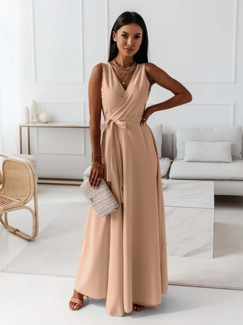 Damen Einfarbiges Langkleid mit V-Ausschnitt