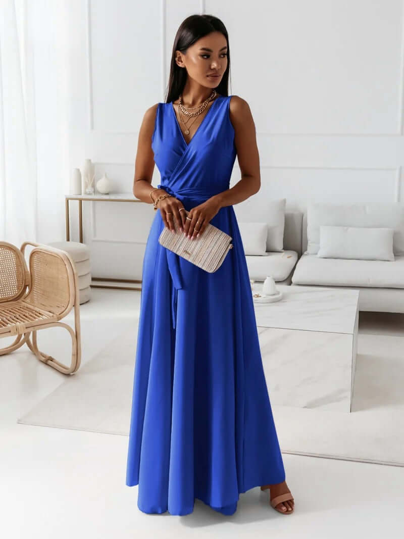 Damen Einfarbiges Langkleid mit V-Ausschnitt