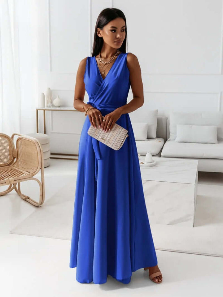 Damen Einfarbiges Langkleid mit V-Ausschnitt