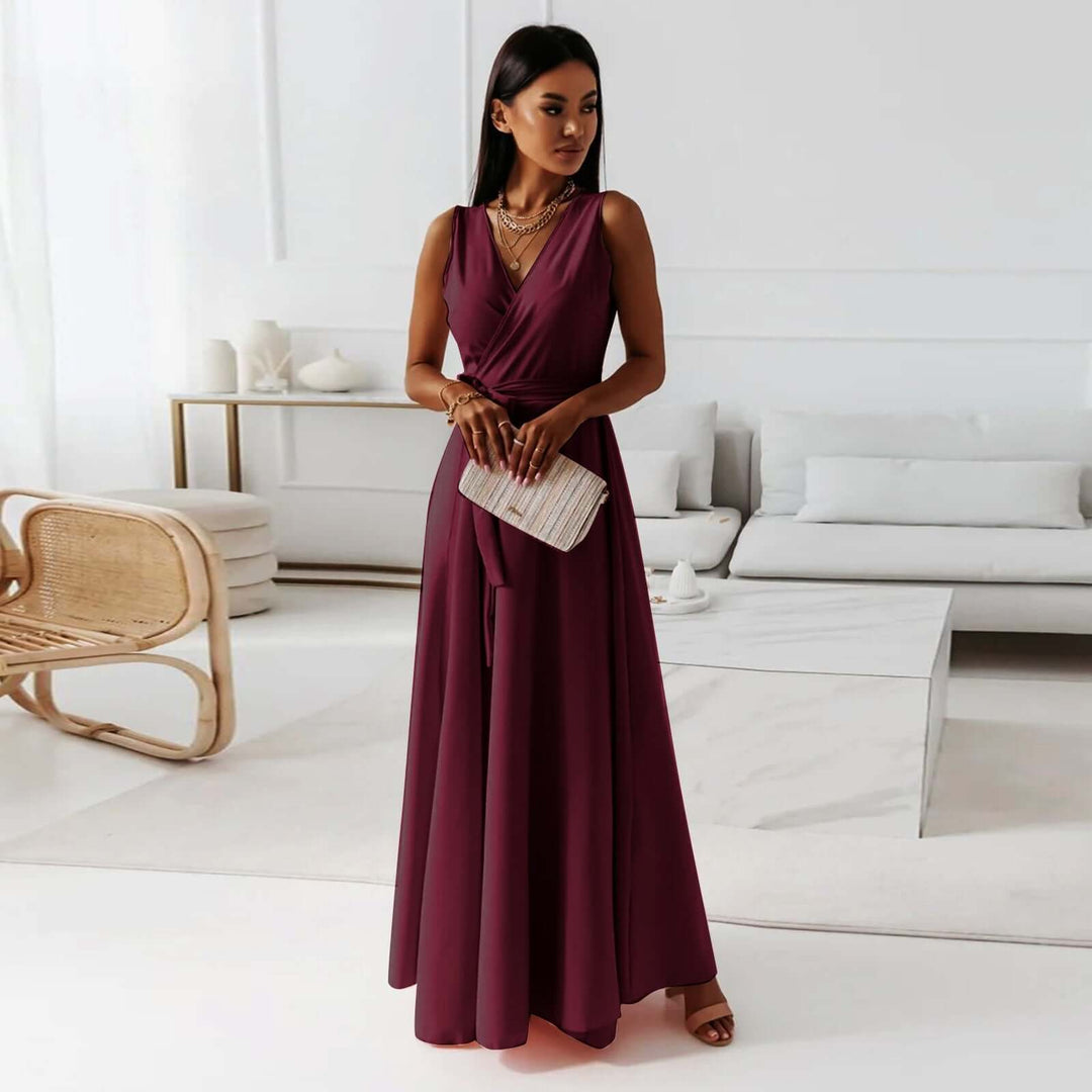 Damen Einfarbiges Langkleid mit V-Ausschnitt