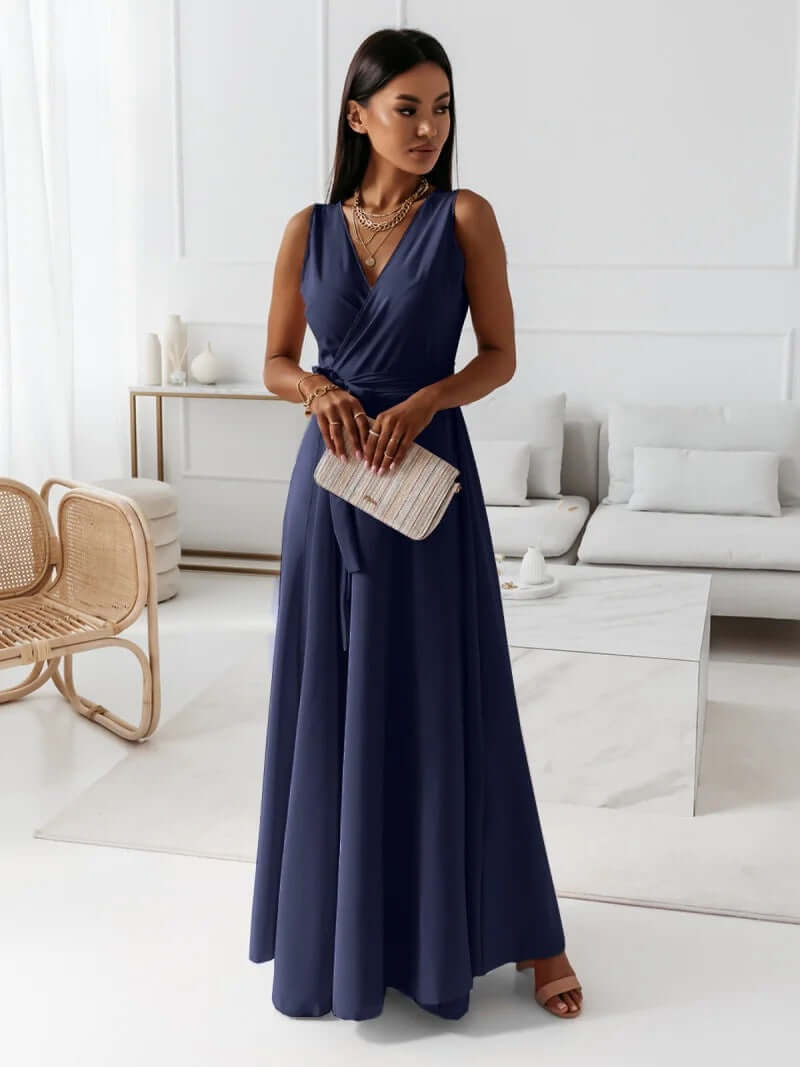 Damen Einfarbiges Langkleid mit V-Ausschnitt