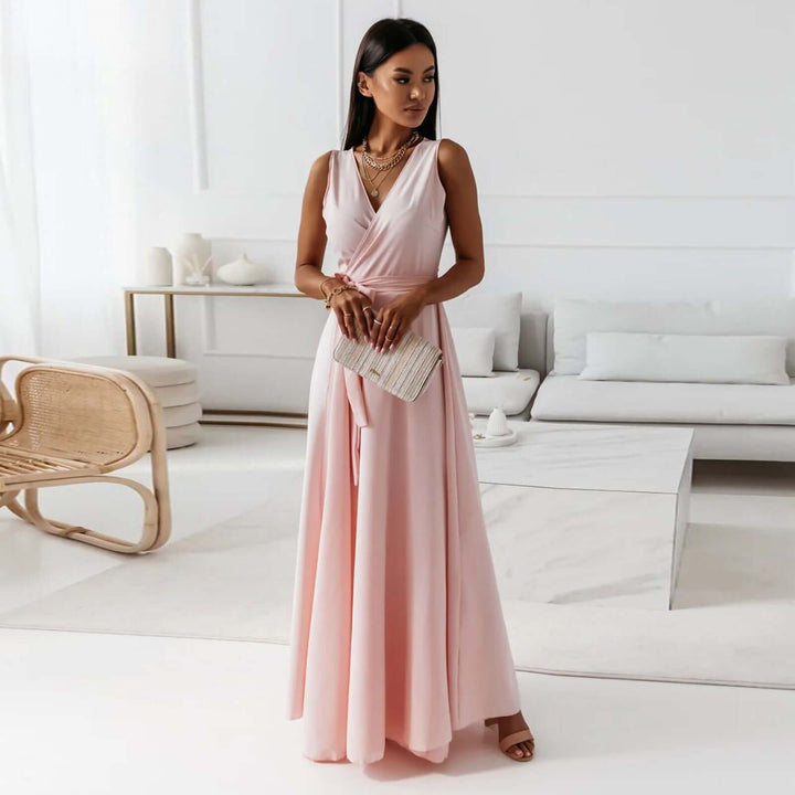 Damen Einfarbiges Langkleid mit V-Ausschnitt