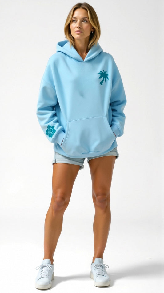 Abigail Kapuzenpullover mit tropischer Stickerei auf dem Rücken, eleganter Style, komfortabel mit großer Kapuze.