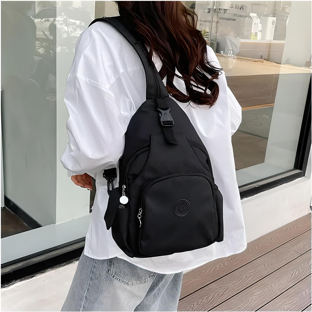 "Anti-Diebstahl Damen Umhängetasche, modernes Design, schwarz, versteckte Tasche, stilvolles und sicheres Modeaccessoire."