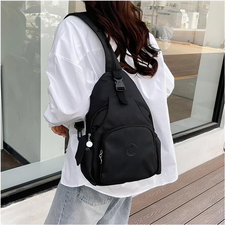 "Anti-Diebstahl Damen Umhängetasche, modernes Design, schwarz, versteckte Tasche, stilvolles und sicheres Modeaccessoire."