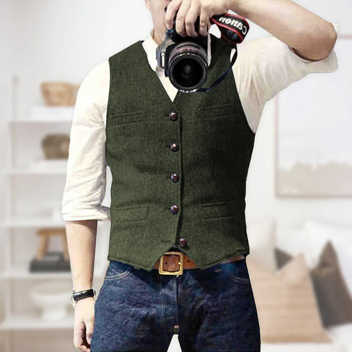 "Ärmellose Herren Vintage-Weste mit elegantem Knopfverschluss, perfekt für stilvolle und vielseitige Looks."