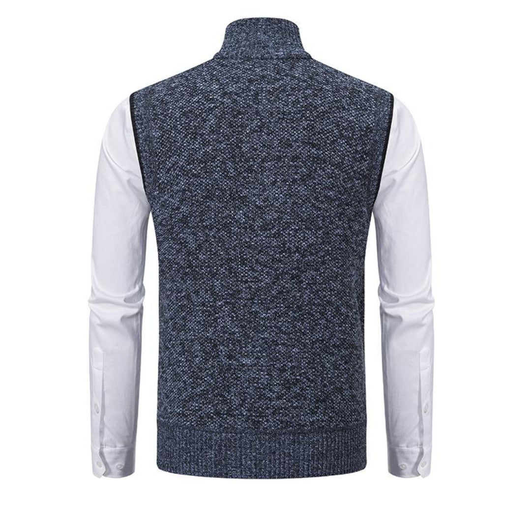 Ärmellose Herrenstrickweste in Blau, Grau, Rot, und Schwarz, mit Reißverschluss, minimalistisches Design, vielseitig tragbar.