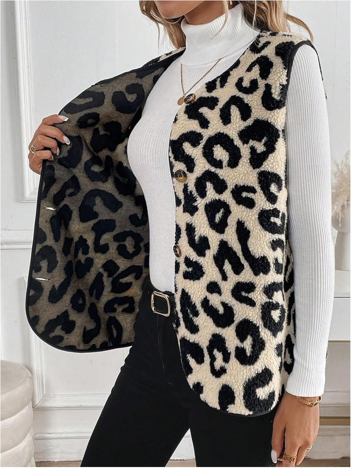 "Ärmellose Leopardenweste mit V-Ausschnitt in elegantem Design, ideal für Frauen; leicht und vielseitig kombinierbar."
