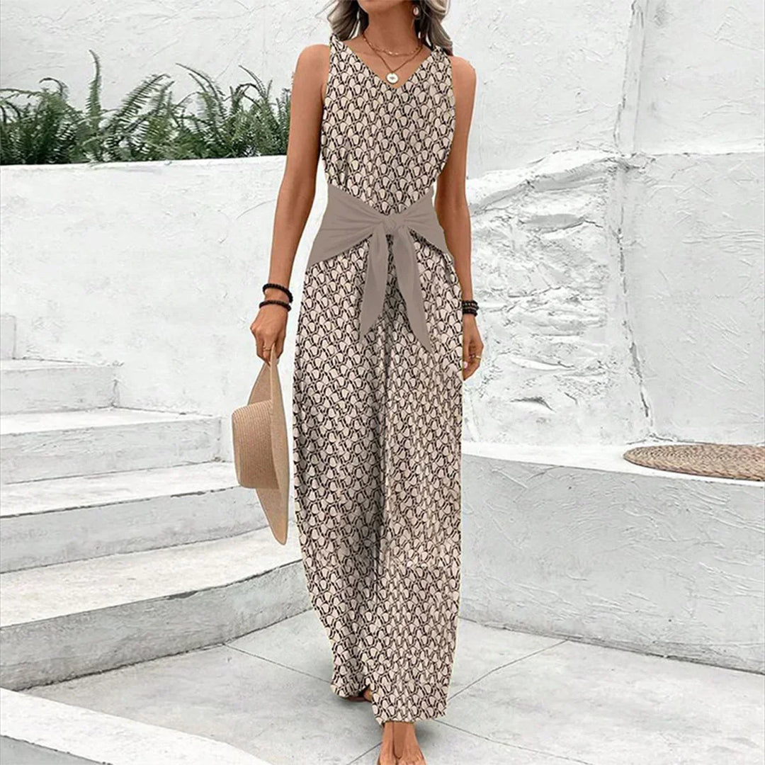 Ärmelloser Damen-Jumpsuit, stilvoll, komfortabel, Rundhalsausschnitt, elegantes Muster, ideal für sonnige Tage.